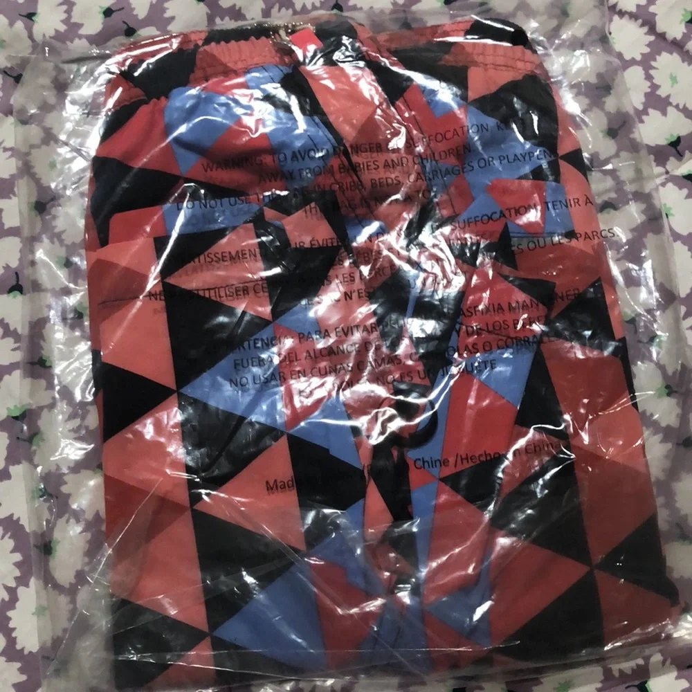 Psycho Bunny Red Blue Black Geometric Swim Trunks